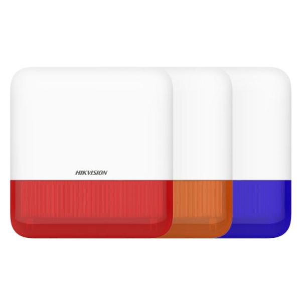 SIRENA INALAMBRICA EXTERIOR HIKVISION DS-PS1-E-WB 433 MHZ 110 DB IP65 / BATERIA O 12 VDC / AES-128 / ANTISABOTAJE BLANCO/ ROJO / NARANJA / AZUL