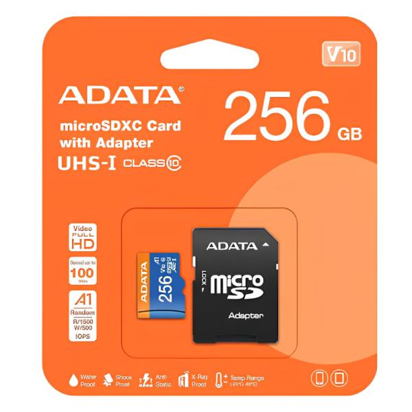 MEMORIA MICRO SDXC 256GB ADATA AUSDX256GUICL10A1-RA1 CLASE 10 100/25MB/S PARA DISPOSITIVOS MOVILES CÁMARAS DIGITALES